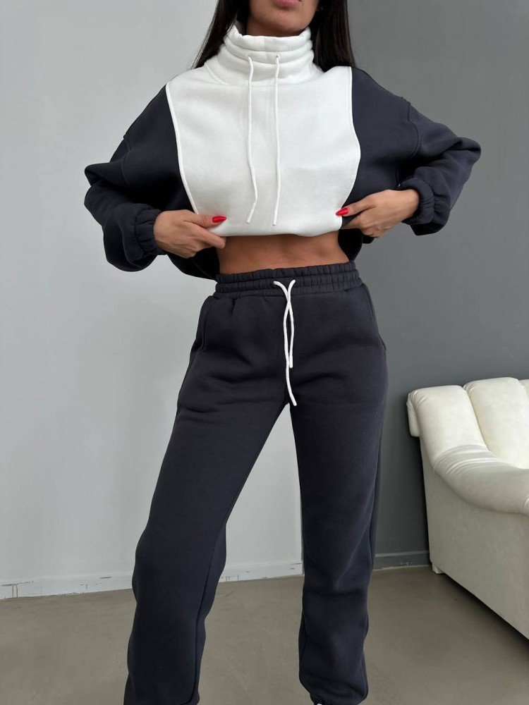 Костюм теплий футер на чорний флісі з білим - Зображення 2