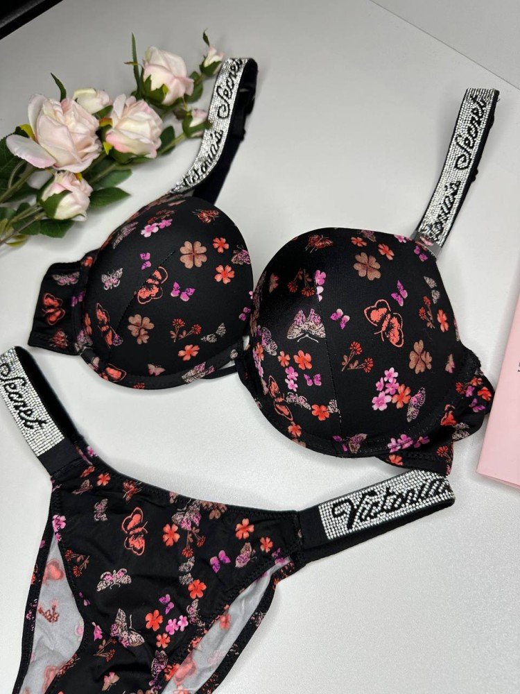 Комплект Victoria's Secret 18830 чорний з квітами kk054 - Зображення 2