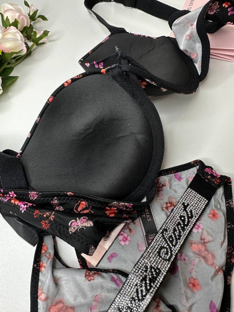 Комплект Victoria's Secret 18830 чорний з квітами kk054 - Зображення 4