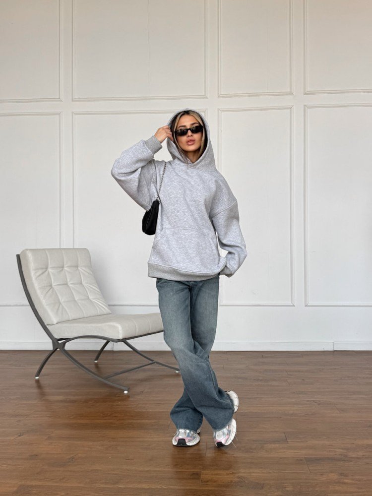 Зимовий оверсайз худі унісекс сірий меланж з начесом теплий RD420 - Зображення 2