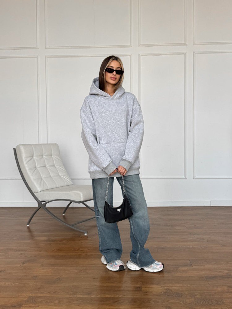 Зимовий оверсайз худі унісекс сірий меланж з начесом теплий RD420 - Зображення 4