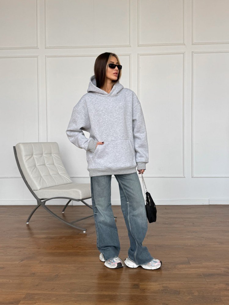 Зимовий оверсайз худі унісекс сірий меланж з начесом теплий RD420 - Зображення 5