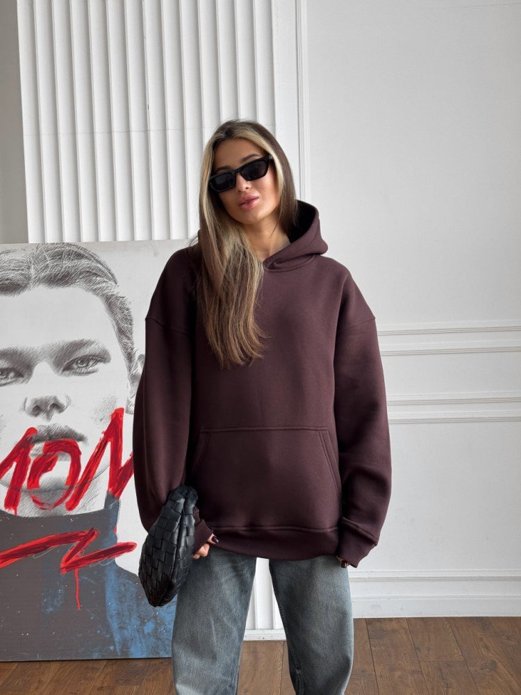 Зимовий оверсайз худі унісекс коричневий шоколадний з начесом теплий RD419 - Зображення 2