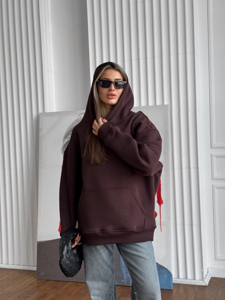 Зимовий оверсайз худі унісекс коричневий шоколадний з начесом теплий RD419 - Зображення 3