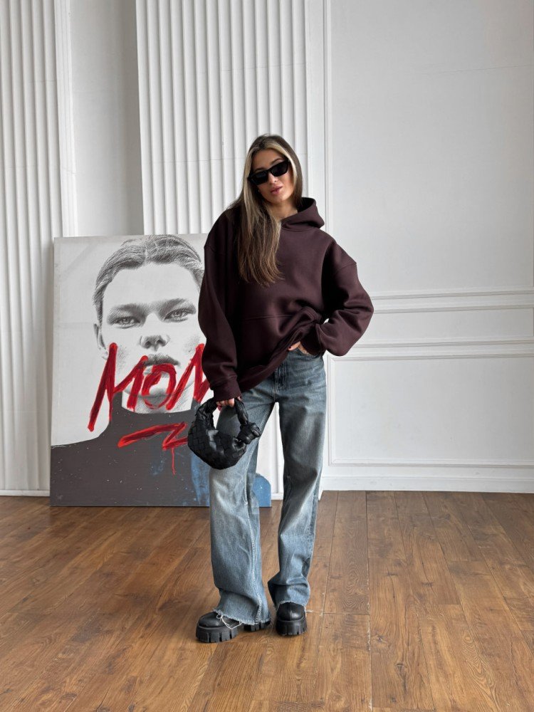 Зимовий оверсайз худі унісекс коричневий шоколадний з начесом теплий RD419 - Зображення 4