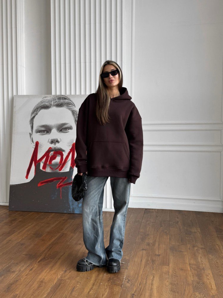 Зимовий оверсайз худі унісекс коричневий шоколадний з начесом теплий RD419 - Зображення 5