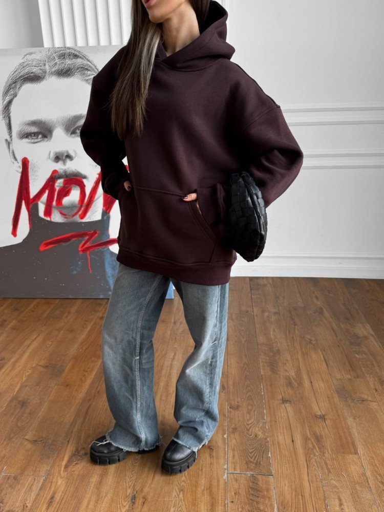 Зимовий оверсайз худі унісекс коричневий шоколадний з начесом теплий RD419 - Зображення 6