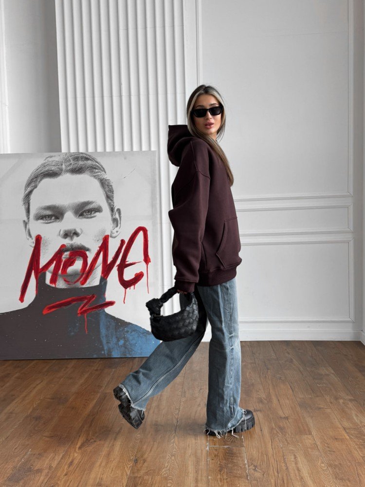 Зимовий оверсайз худі унісекс коричневий шоколадний з начесом теплий RD419 - Зображення 7