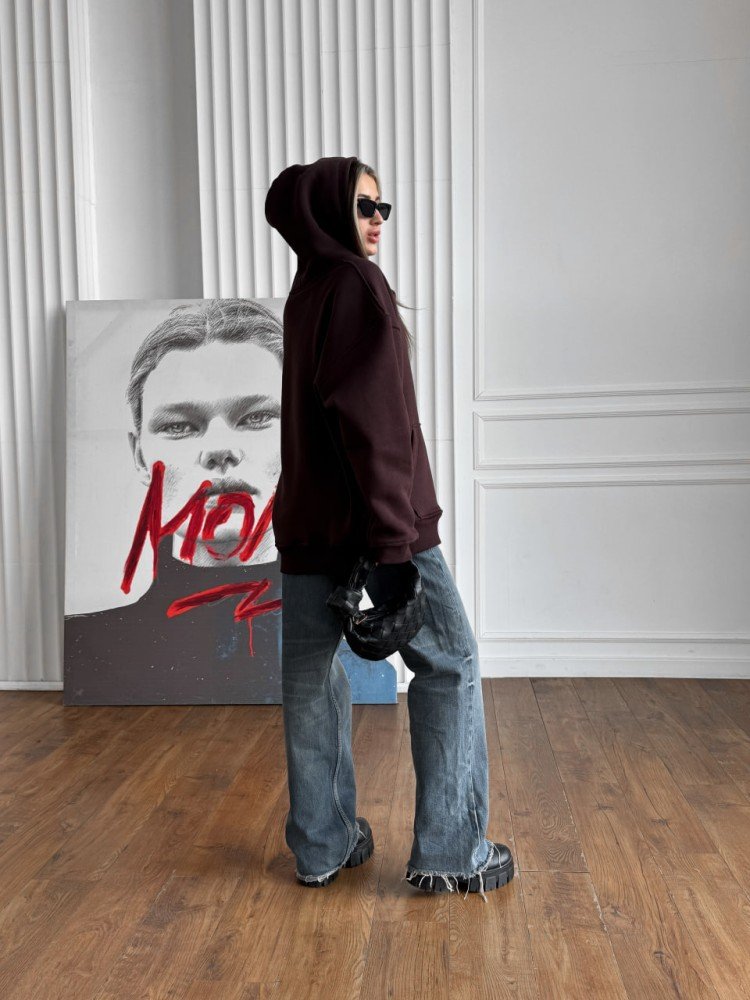 Зимовий оверсайз худі унісекс коричневий шоколадний з начесом теплий RD419 - Зображення 8