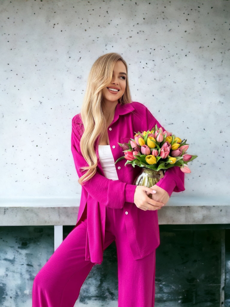 Женский легкий костюм рубашка и штаны розового цвета - Зображення 2