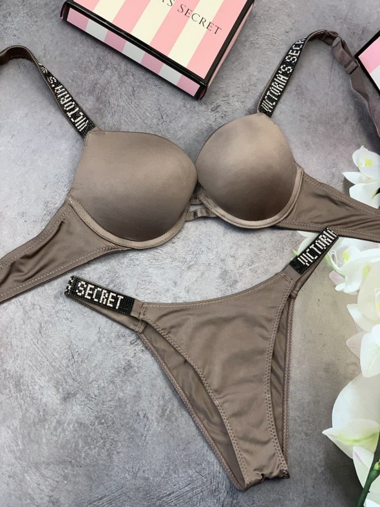 Комплект женский Victoria’s Secret Model Rhinestone двойка топ+трусики Коричневый kk009 - Зображення 2