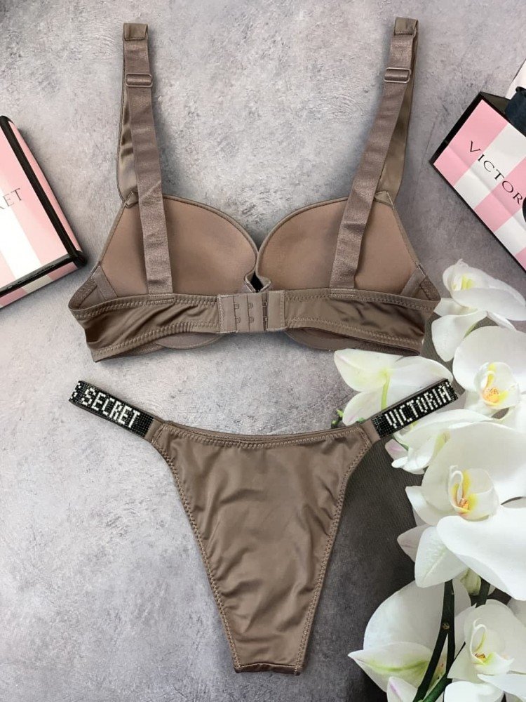 Комплект женский Victoria’s Secret Model Rhinestone двойка топ+трусики Коричневый kk009 - Зображення 5