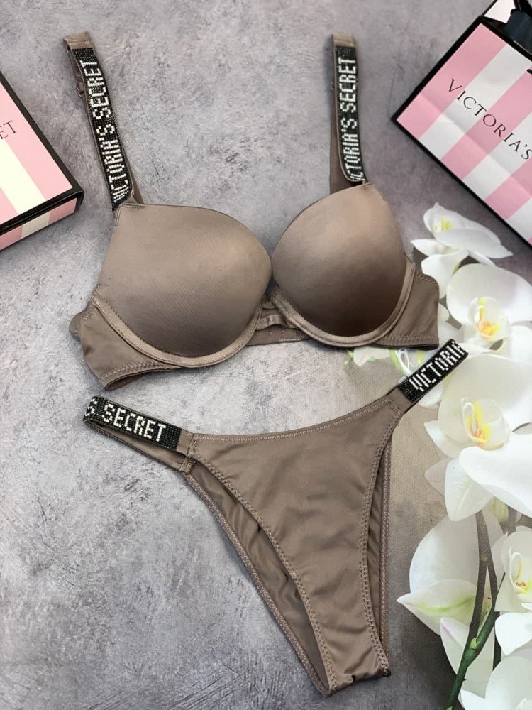 Комплект женский Victoria’s Secret Model Rhinestone двойка топ+трусики Коричневый kk009 - Зображення 6
