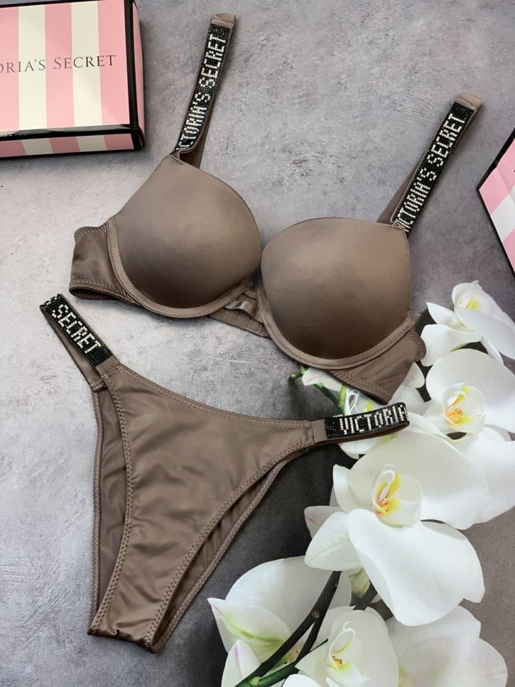 Комплект женский Victoria’s Secret Model Rhinestone двойка топ+трусики Коричневый kk009 - Зображення 7