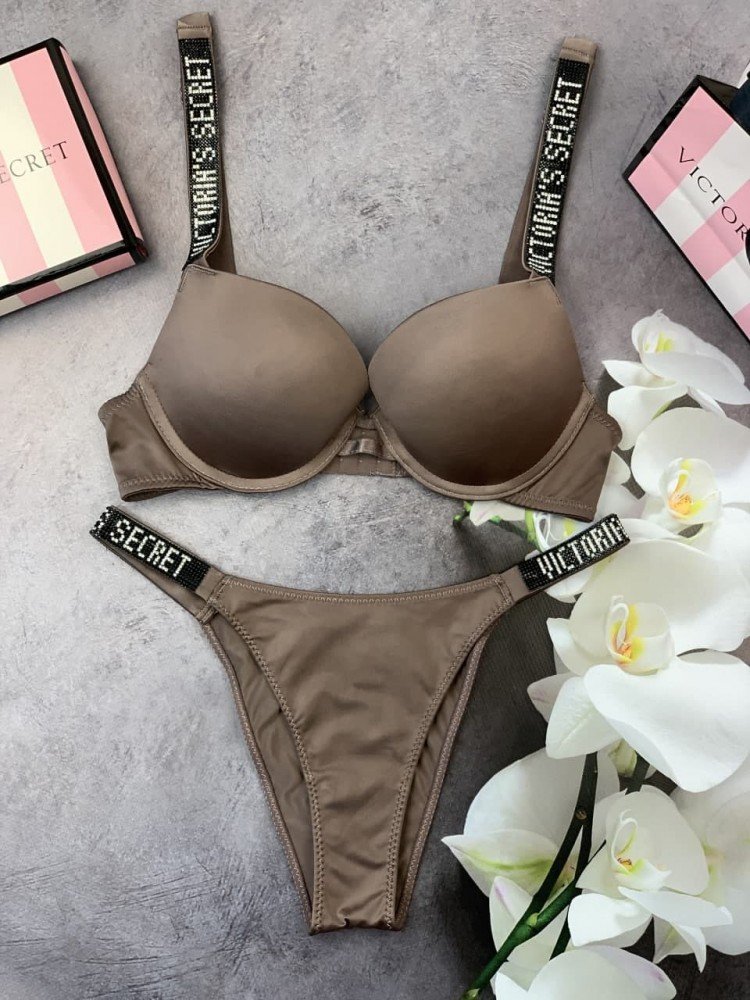 Комплект женский Victoria’s Secret Model Rhinestone двойка топ+трусики Коричневый kk009 - Зображення 8
