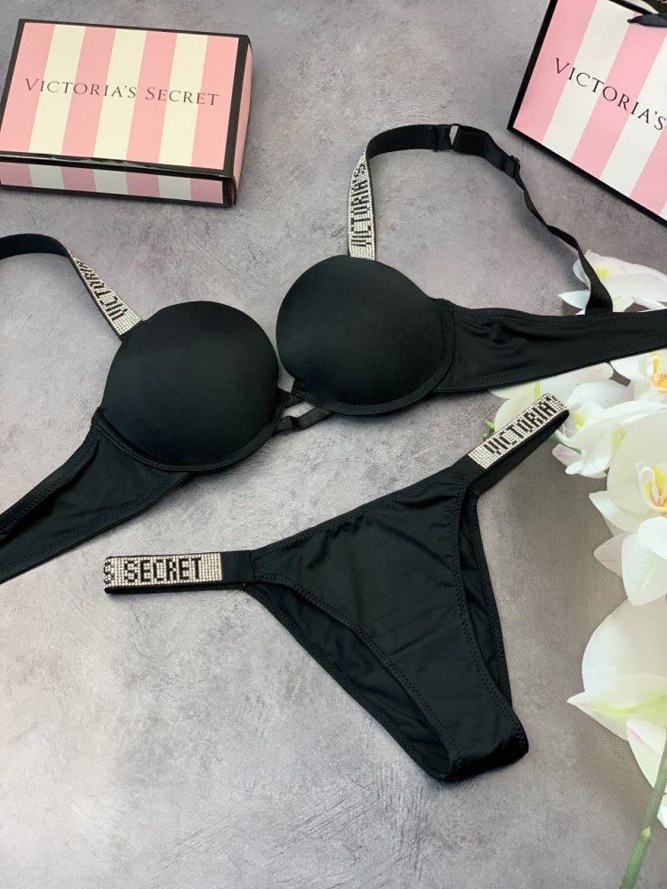 Комплект женский Victoria’s Secret Model Rhinestone двойка топ+трусики Черный - Зображення 6