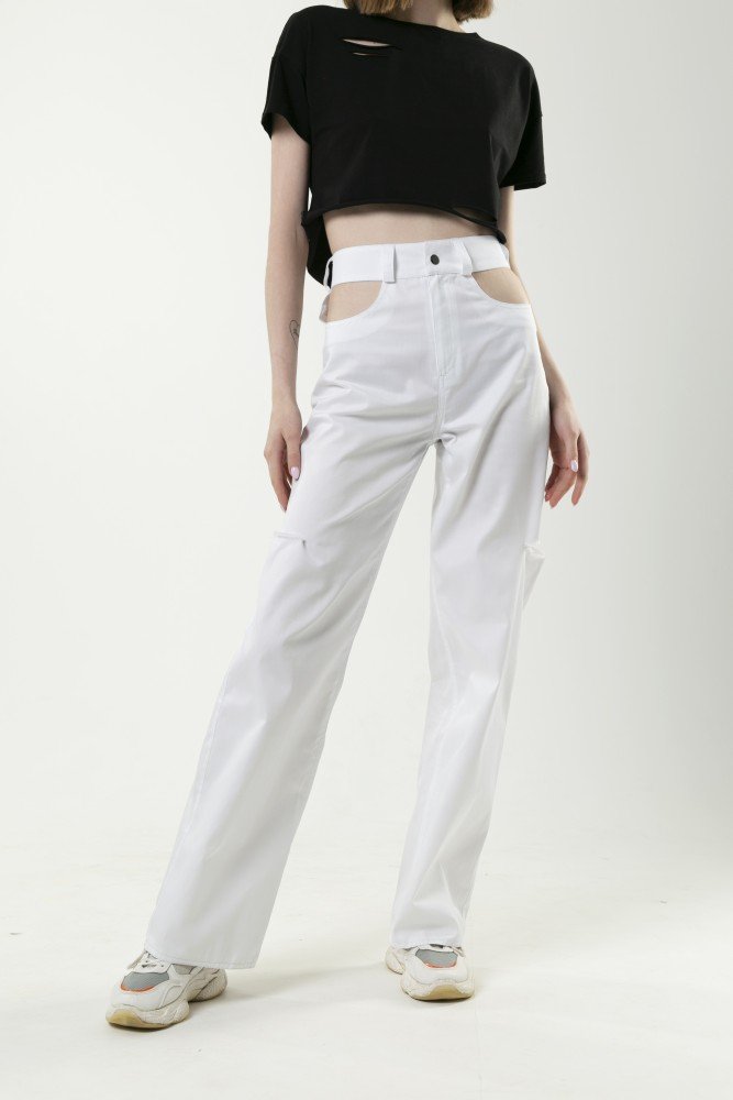 Брюки коттоновые белые "Twins" с высокой посадкой, широкими штанинами и декоративными вырезами на талии. Брюки котонові білі "Twins" з високою посадкою, широкими штанинами та декоративними вирізами на талії.