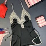 Пеньюар Victoria's secret модель 5 черный с бежевым кружевом  kk020
