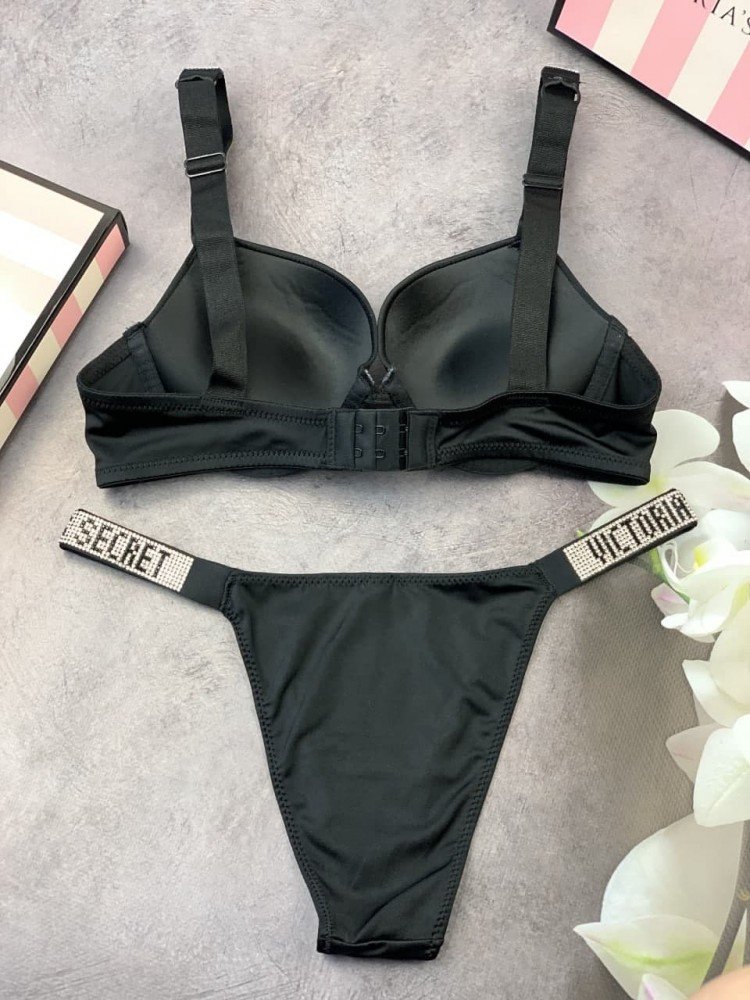 Комплект женский Victoria’s Secret Model Rhinestone топ+трусики Черный kk001 - Зображення 3