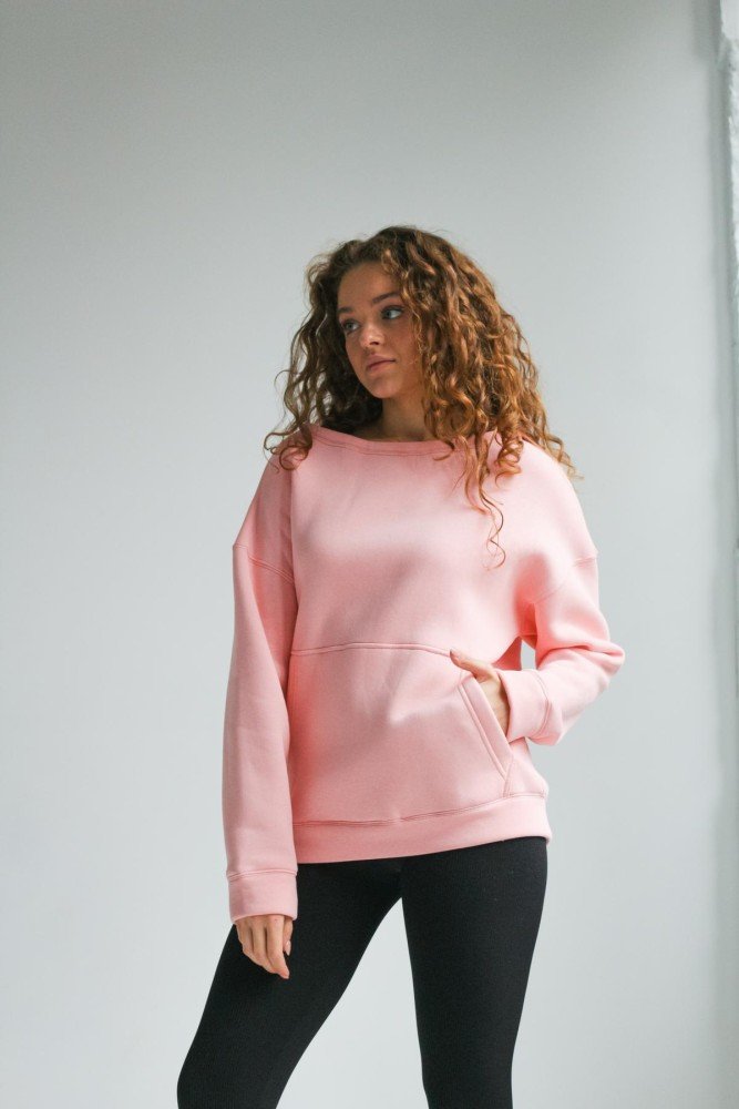 Женский розовый свитшот оверсайз с капюшоном и карманом-кенгуру. Жіночий рожевий світшот оверсайз з капюшоном та кишенею-кенгуру.